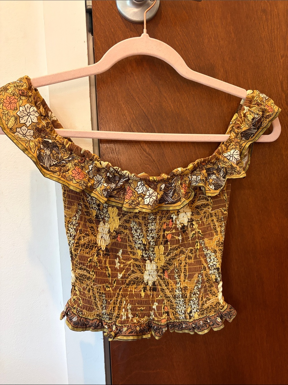 Spell Mustard Floral Off-Shoulder Smocked Crop Top
